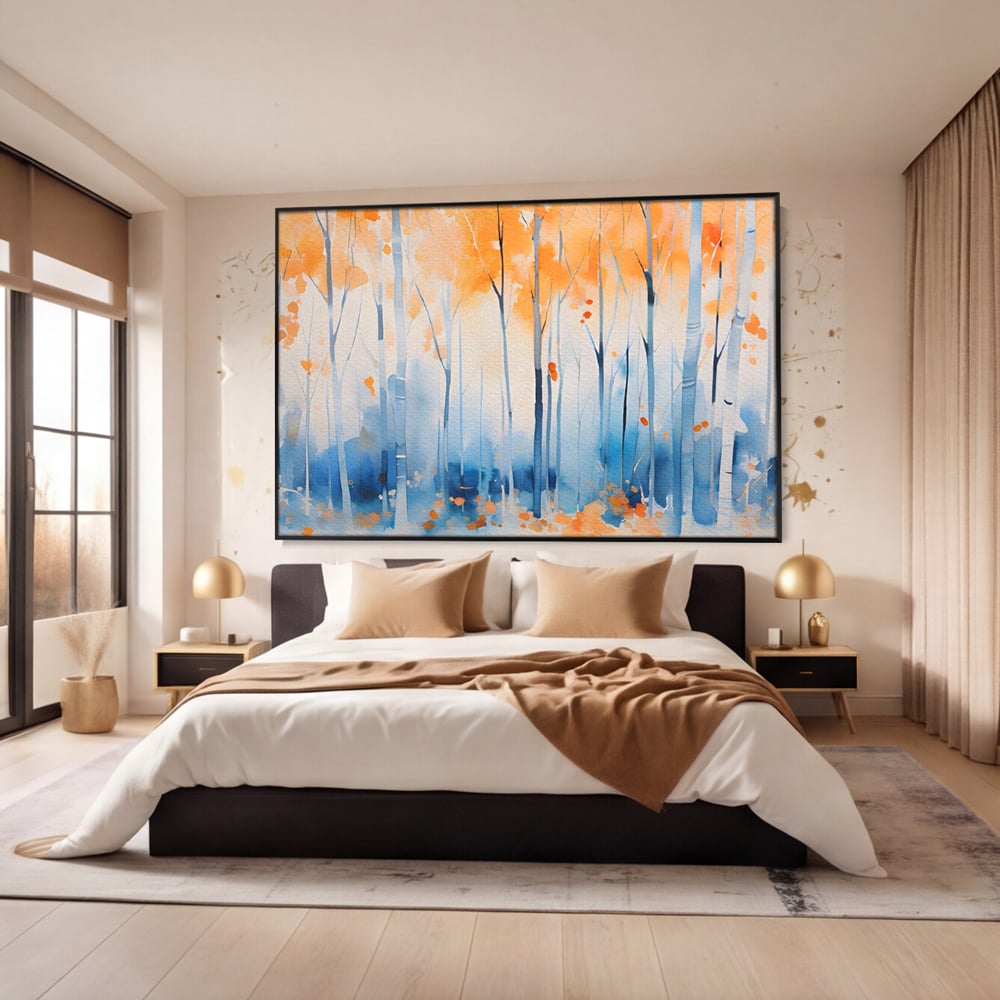 Tablou canvas cu pictura orizontala cu padure de toamna, in rama de aluminiu negru, pe perete intr-un dormitor
